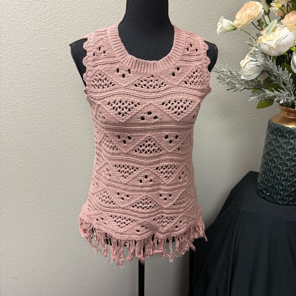 Another Love Blush Crochet Knit Fringe Sleeveless Boho Festival Top M